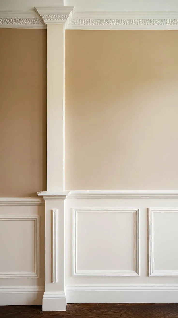 A study in contrasts:  This half wall, featuring meticulously crafted wainscoting panels and a striking wall trim molding, seamlessly blends traditional and contemporary styles. The rich dark wood floor complements the creamy beige paint and crisp white wall trim, showcasing the beauty of half wall molding and wall paneling.  The subtle details of the wall molding elevate this design to a new level.