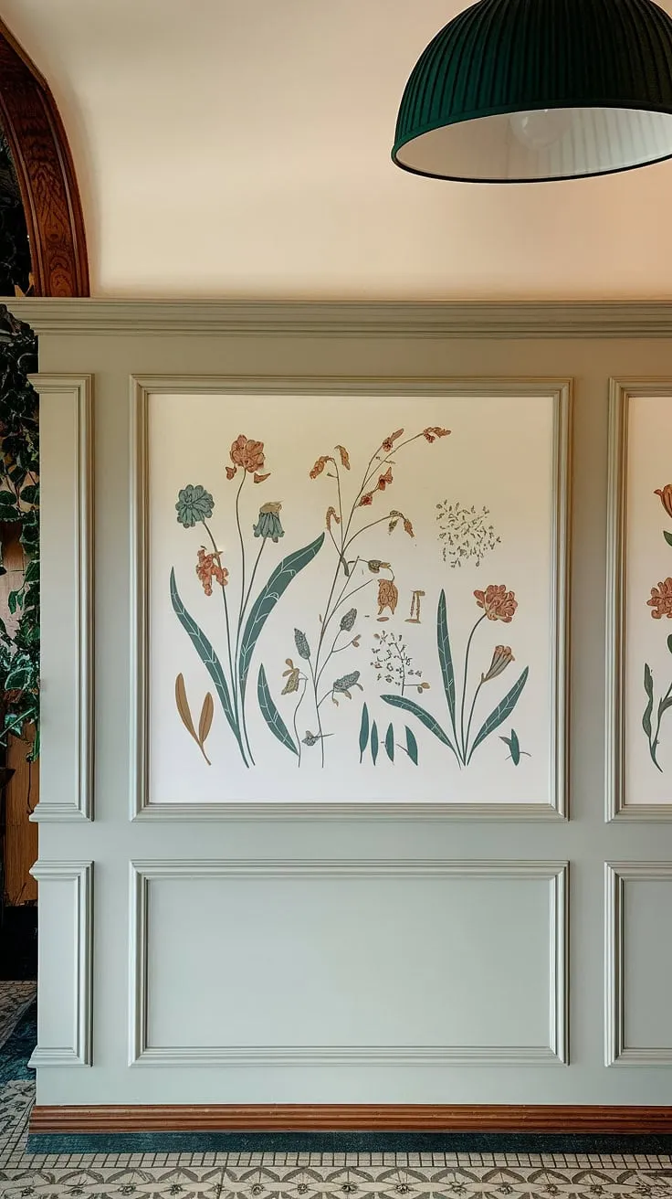 This exquisite half wall, adorned with detailed wall paneling and wall trim, showcases the beauty of wainscoting panels. The half wall molding elevates the space, while the dark green lampshade and patterned floor add depth and character to this charming vignette.