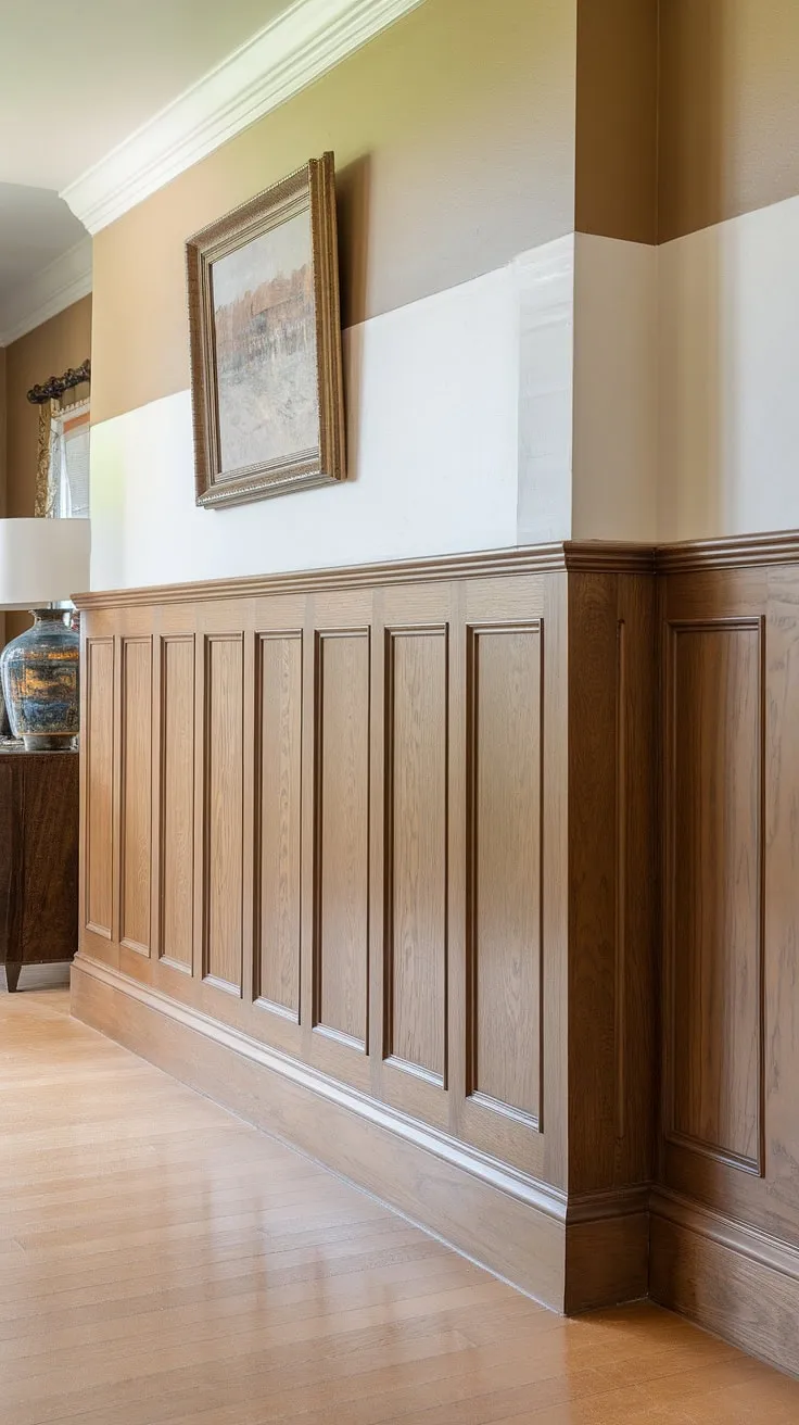 The elegant half-wall wainscoting, crafted from rich wood panels, adds a touch of classic charm.  The contrast between the beige lower half and crisp white upper half, complemented by the wall trim molding, creates a sophisticated and balanced aesthetic.  The carefully chosen wall paneling and wall molding perfectly frame the artwork and accentuate the light hardwood floor.