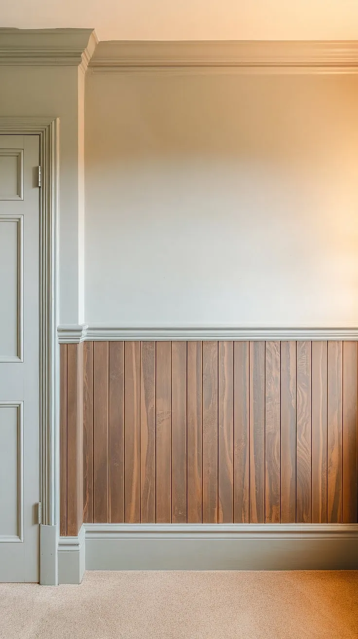 The warmth of the soft lighting perfectly complements the elegant contrast of the half wall wainscoting.  Rich wood wainscoting panels meet a calming light gray, showcasing the beautiful detail of the wall trim molding and creating a sophisticated space. The half wall molding adds a touch of classic charm.
