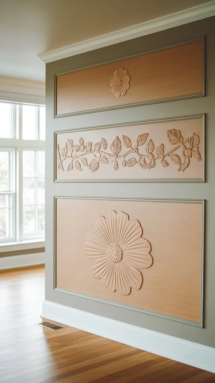 The intricate detail of this half wall wainscoting, featuring three distinct wainscoting panels, elevates the living room's charm.  The elegant wall trim molding complements the rich hardwood floor, creating a space where classic design meets modern comfort.  The careful selection of wall paneling and wall trim showcases the artistry of half wall molding.