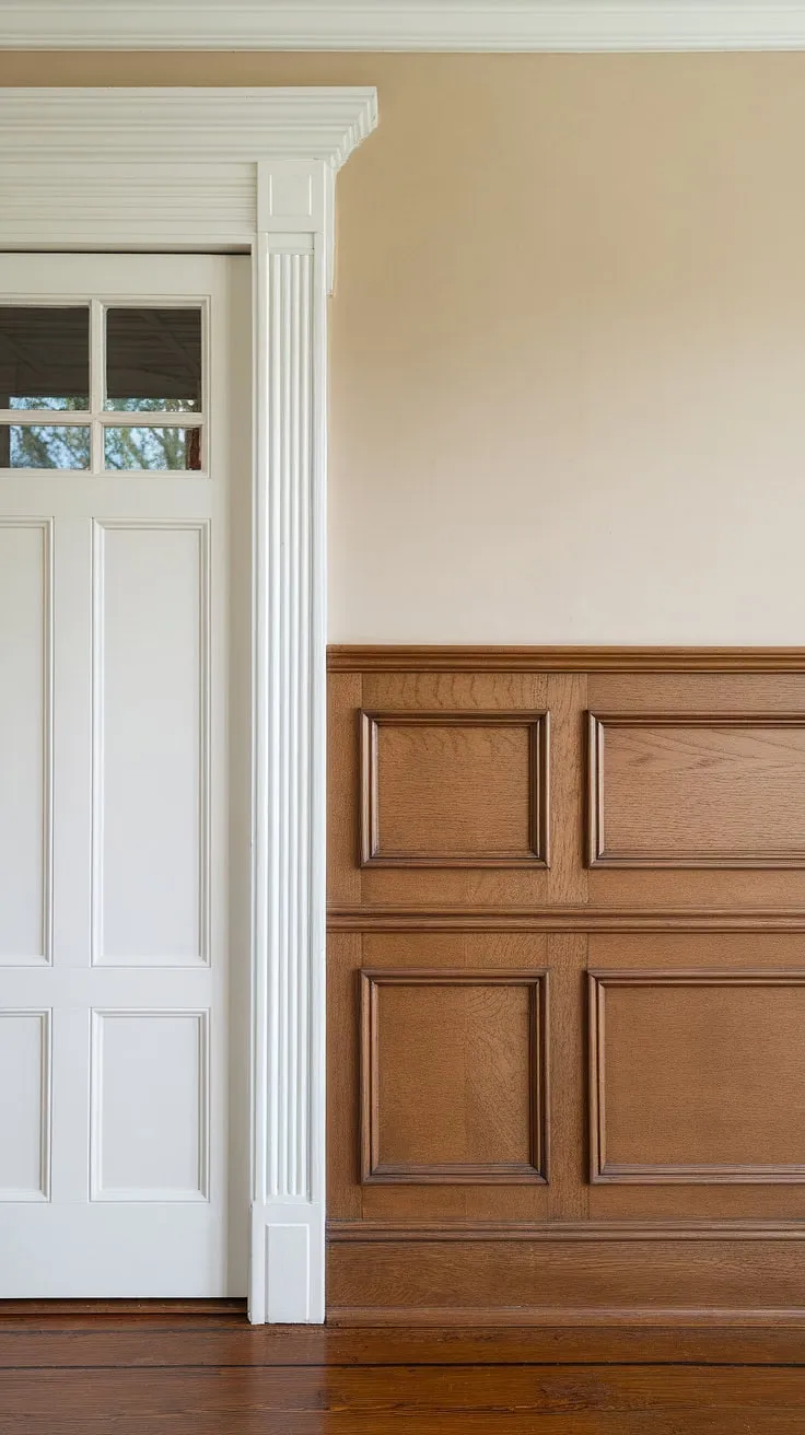 The elegant half wall wainscoting, complete with intricate half wall molding and detailed wall trim molding, adds a touch of classic charm.  The rich wood of the wainscoting panels complements the warm beige walls and dark hardwood floors, creating a sophisticated space.  The careful placement of the wall paneling and wall trim elevates the simple white door with its window.