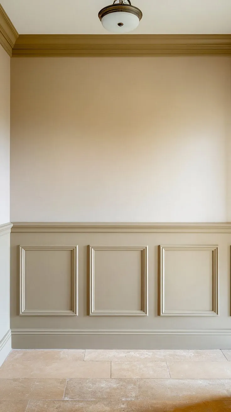 Elegant simplicity defined. The half wall wainscoting, with its three perfectly proportioned panels, creates a sophisticated contrast against the upper wall's subtle wall trim molding.  The beige tones and matching wall paneling throughout the hallway exude a calming serenity.  This thoughtful use of wall trim and wall molding elevates the space.