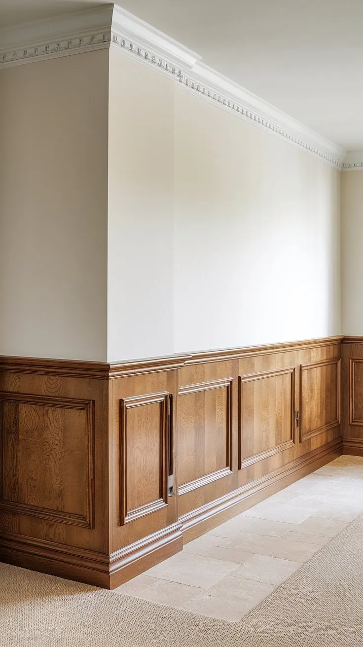 The elegant half wall wainscoting, complete with crisp white wall trim molding and meticulously crafted wainscoting panels, adds a touch of timeless charm.  The subtle interplay of the wall paneling and half wall molding creates a refined aesthetic, perfectly complemented by the warm beige tones of the floor and carpet.