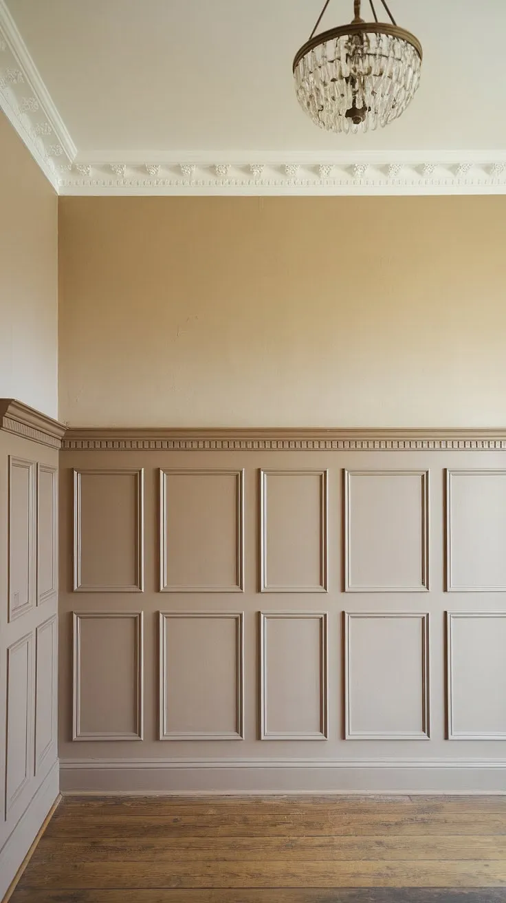 A study in understated elegance:  This room showcases the beauty of half-wall molding, where the wainscoting panels extend to the ceiling, creating a dramatic yet refined wall paneling.  The subtle wall trim and carefully chosen wall molding complete the look, a testament to classic design.