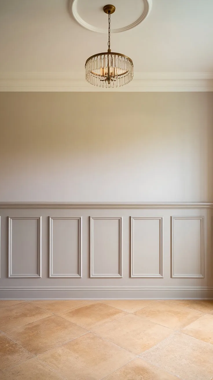 The elegant half wall wainscoting, a masterpiece of wall paneling and wall trim molding, adds a touch of classic charm to this living room.  The subtle contrast between the light beige wainscoting panels and the soft gray upper walls, complemented by the tasteful wall molding, creates a sophisticated and inviting atmosphere.