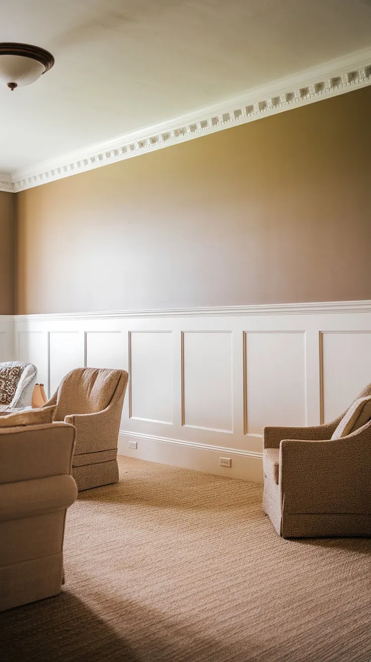 The elegant half wall wainscoting, complete with crisp white wainscoting panels and detailed wall trim molding, adds a touch of classic charm to this living room.  The subtle wall paneling creates a sophisticated contrast against the beige carpet, showcasing the beauty of simple wall molding.