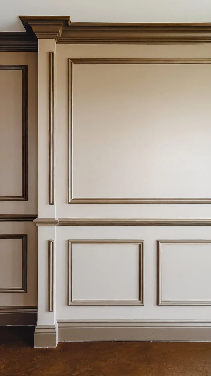 The elegant half wall wainscoting, with its subtly contrasting beige wainscoting panels and darker beige wall trim molding, creates a sophisticated focal point.  The rich dark brown floor completes the look, showcasing the beautiful wall paneling and detailed wall trim.  This half wall molding adds architectural interest without overwhelming the space.