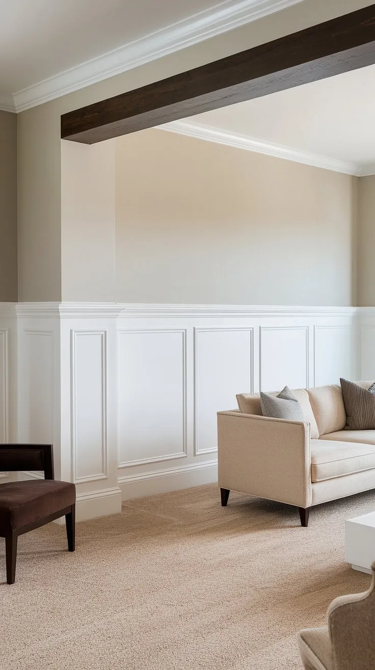 The elegant half wall wainscoting, complete with crisp white wainscoting panels and detailed wall trim molding, adds architectural interest to this living room.  The dark brown wood beam perfectly complements the light grey upper wall, showcasing the beauty of half wall molding and wall paneling.  A touch of classic charm with modern comfort.