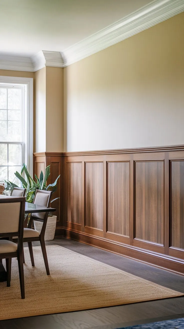 The elegant half wall wainscoting, complete with rich wainscoting panels and detailed wall trim molding, adds a touch of classic sophistication to this dining room.  The warm beige paint above complements the wood paneling, while the crisp white window trim and subtle wall molding create a harmonious balance.