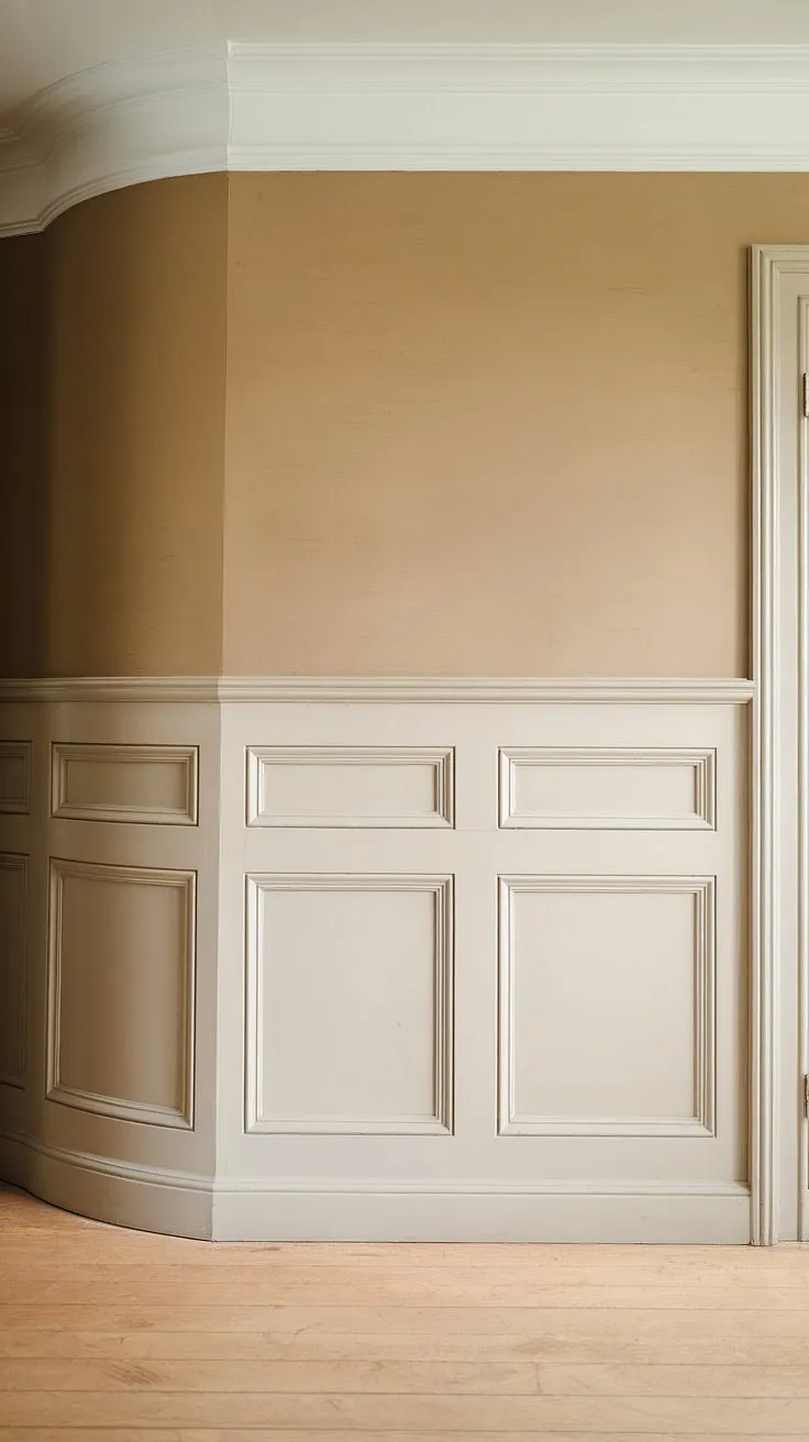 The subtle curve of this half wall, adorned with crisp white wainscoting panels and elegant wall trim molding, adds a touch of refined rustic charm.  The half wall wainscoting, complemented by the wall paneling and carefully chosen wall molding, creates a captivating focal point in this space.