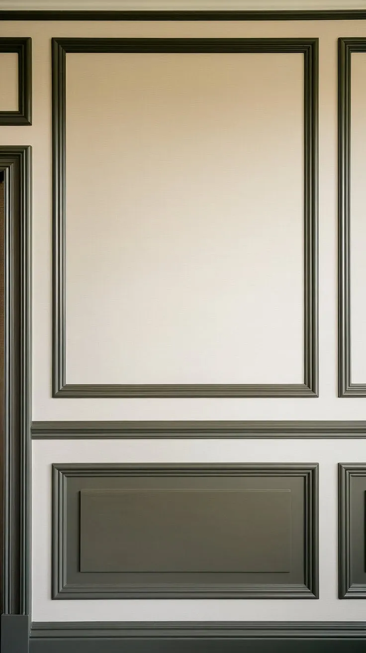 This stunning example of wall paneling features a sophisticated half-wall wainscoting design.  Note the meticulous detail in the wall trim molding, with each wainscoting panel contributing to the overall visual harmony.  The varying widths of the half wall molding add a touch of unexpected elegance.