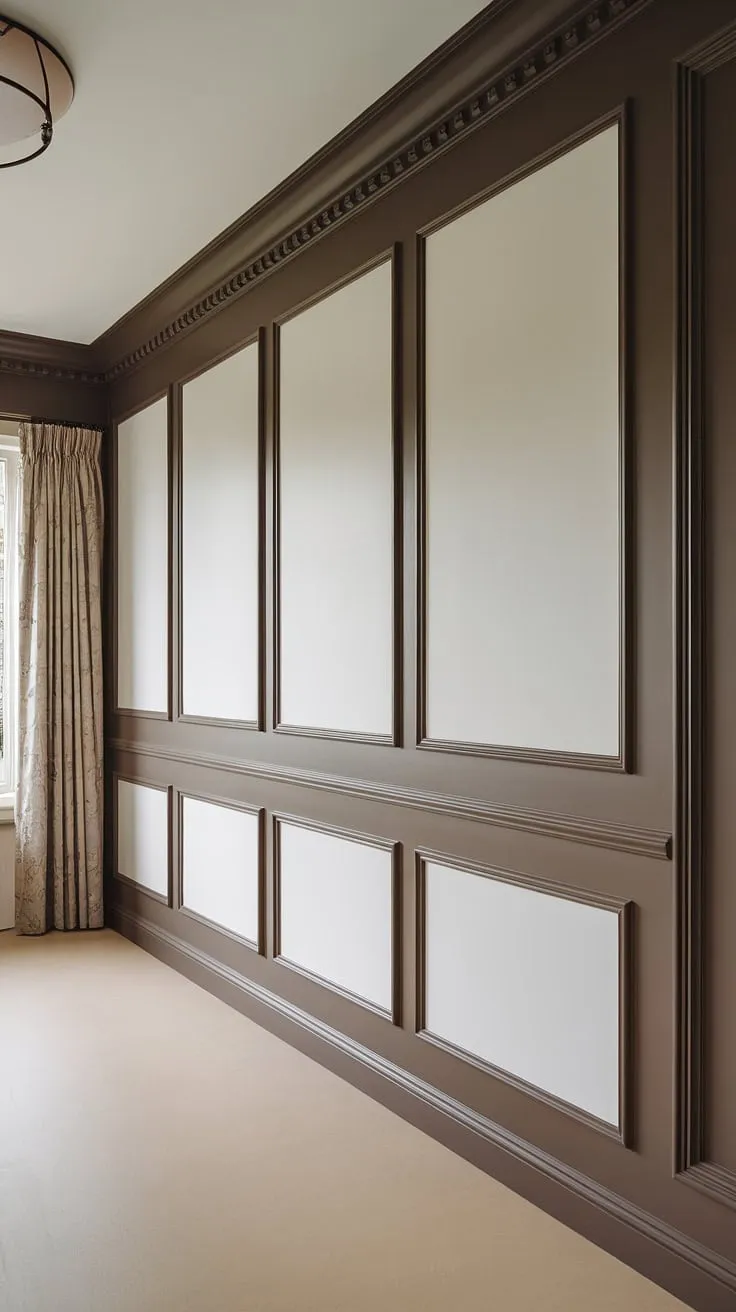 The elegant half-wall wainscoting, with its crisp white wainscoting panels and rich dark brown half wall molding, adds a touch of classic sophistication.  The careful detailing of the wall trim molding and wall molding perfectly complements the light beige floor, creating a space that's both refined and inviting.