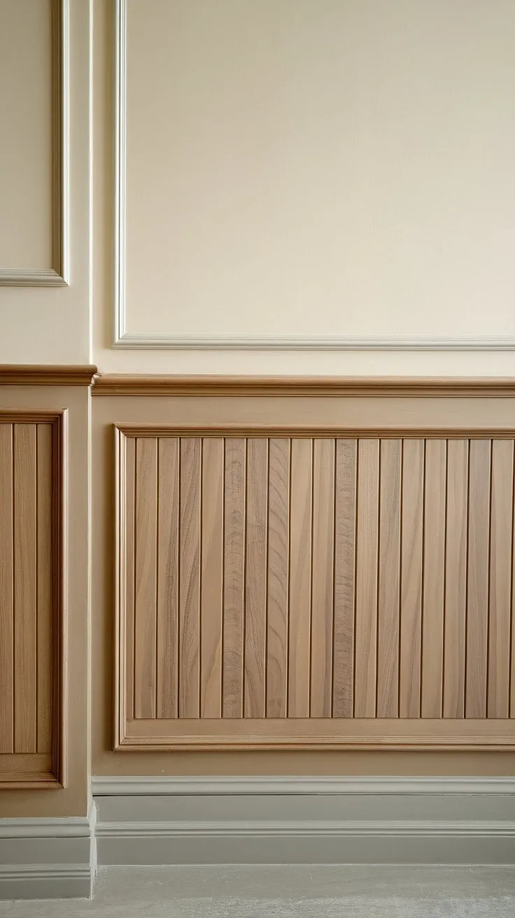 The subtle elegance of this space is defined by the rich warmth of the wood wainscoting panels, creating a stunning half wall wainscoting effect.  The careful placement of the wall trim molding and half wall molding adds architectural interest, while the lighter beige paint above complements the wall paneling beautifully, all set against a cool gray floor.