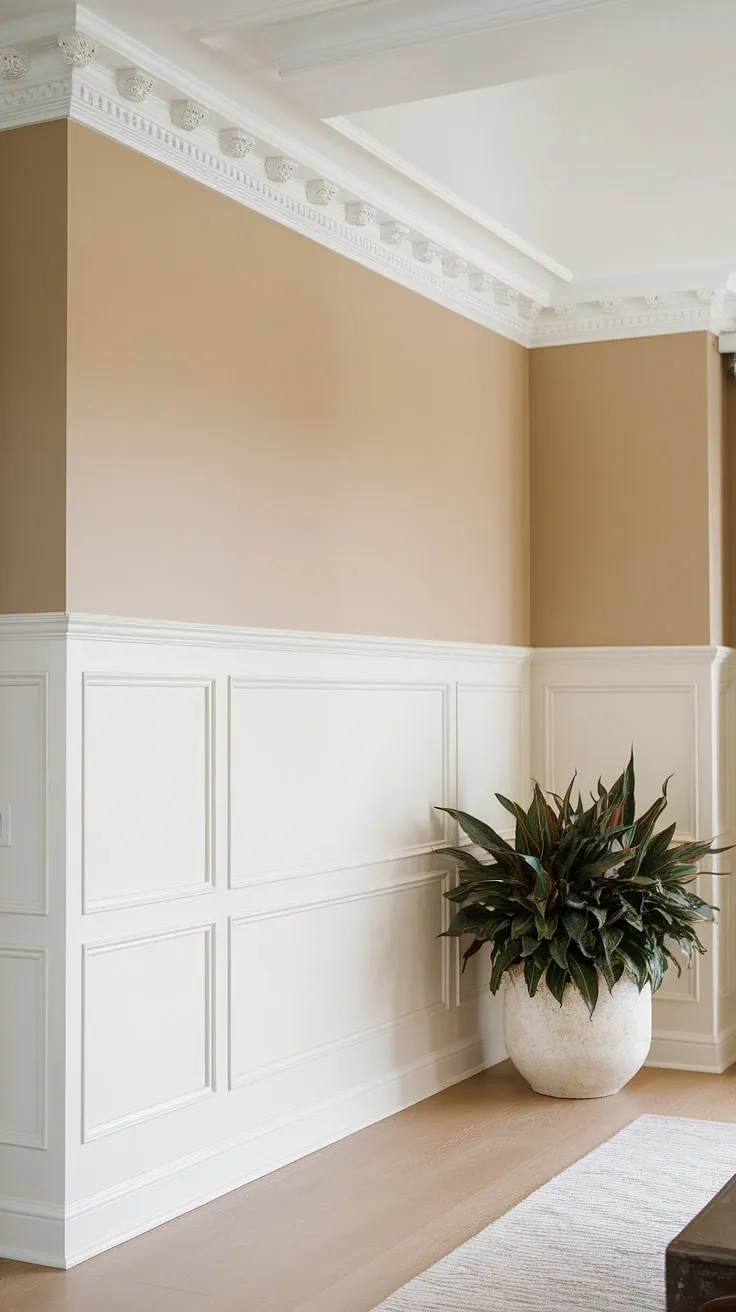 This living room's design showcases the beauty of half wall wainscoting. The carefully chosen wall paneling, featuring clean white wainscoting panels and detailed wall trim, elevates the space.  The combination of the wall molding, the two shades of beige paint, and the light wood flooring creates a warm and inviting ambiance, perfectly complemented by the lush greenery.