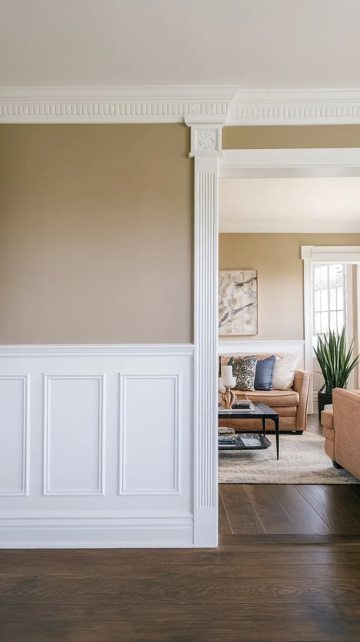 This living room's design is a masterclass in understated elegance. The half wall wainscoting, featuring meticulously crafted wainscoting panels and a beautiful wall molding, draws the eye and defines the space. The choice of wall trim and the subtle beige paint above the wall paneling create a harmonious blend of textures and colors, all beautifully showcased against the rich dark wood flooring.