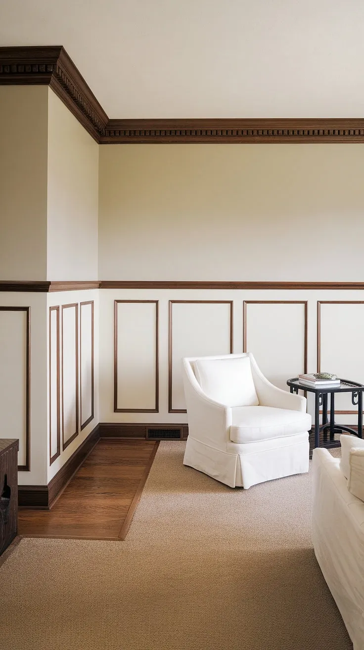 This living room's design showcases the beauty of half-wall molding. The combination of the clean lines of the white wainscoting panels and the warm tones of the upper wall trim molding creates a stunning visual effect.  The exquisite wall paneling and wall trim perfectly complement the hardwood floors.
