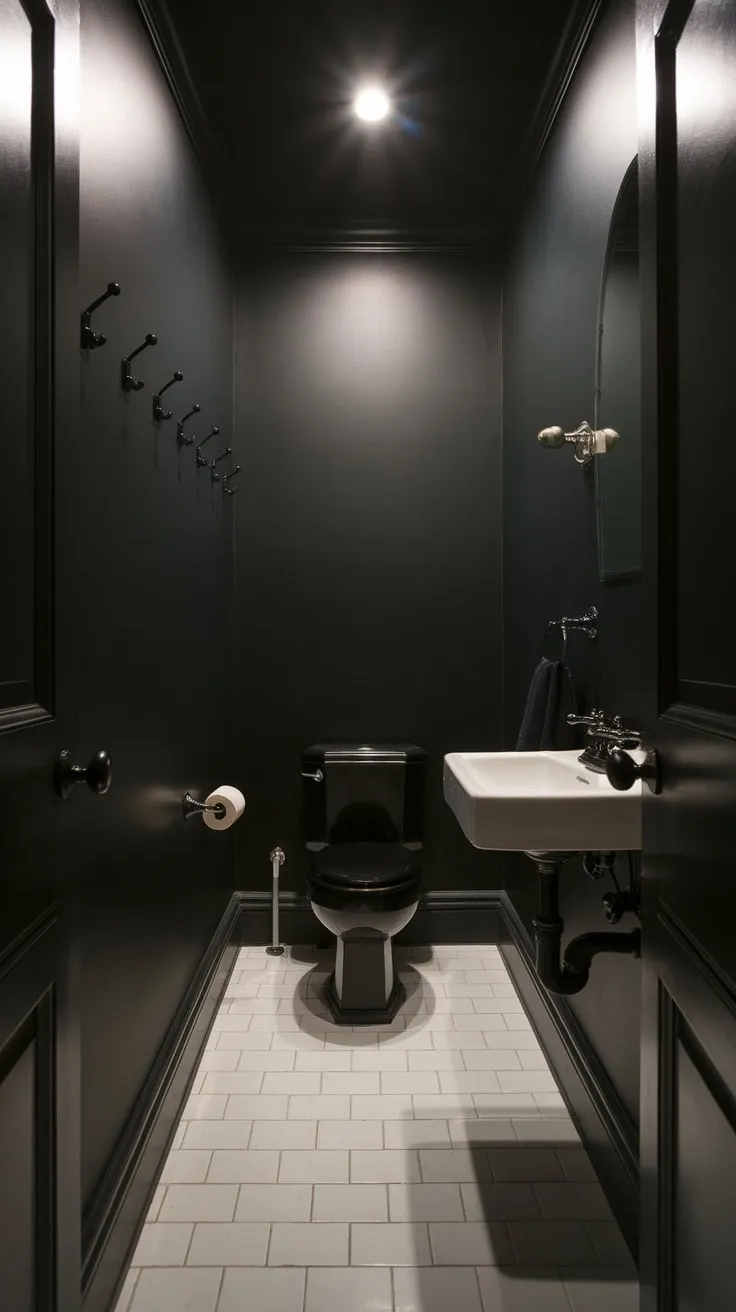 A dark and dramatic hallway bathroom offers a surprisingly intimate retreat with its black accents and bright white tile floor.