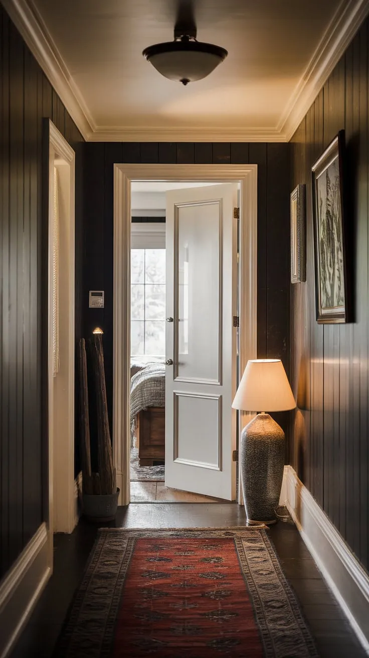The subtle hallway lighting ideas in this upstairs hallway create a dramatic effect, highlighting the rich hardwood floor and the carefully curated hallway decor.  This narrow hallway decor proves that even a small space can be a statement piece. The long hallway design, enhanced by the open concept and strategic hallway styling, is a masterclass in maximizing space and creating a welcoming atmosphere.  This is a perfect example of hallway decor and small hallway ideas.