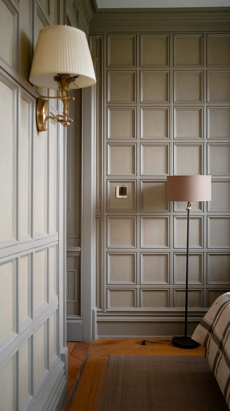 Soft light spills into this hallway bedroom, highlighting the elegant hallway panelling and the intricate wall panels bedroom design.  The subtle interplay of light and shadow creates a tranquil atmosphere, showcasing the thoughtful hallway designs and the rich texture of the bedroom panel.