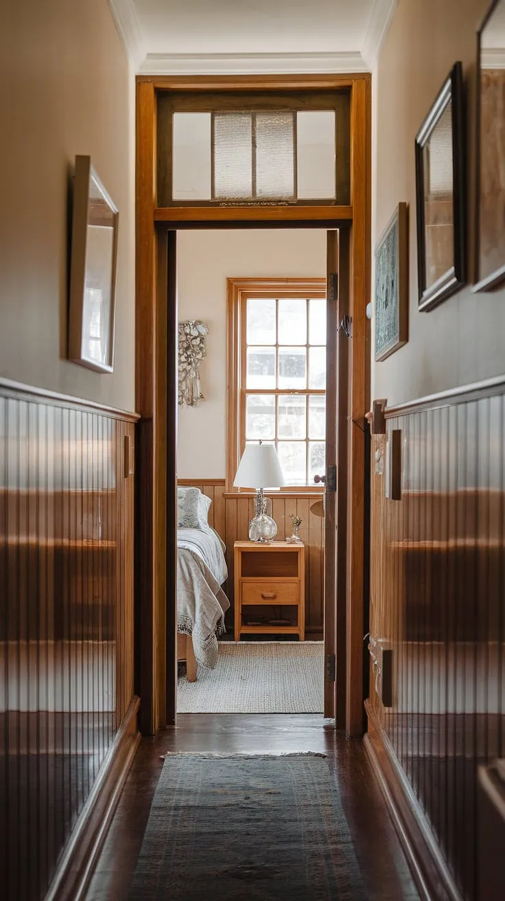 The warm glow from the bedroom spills down the hallway, highlighting the rich hallway panelling and hinting at the cozy retreat within.  This hallway designs showcases the seamless transition between the hallway bedroom, where wall panels bedroom create a sense of calm and sophisticated style.