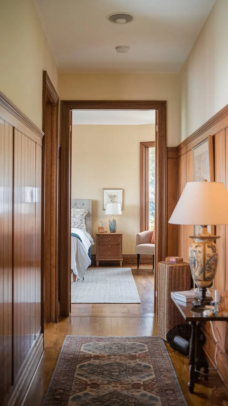 Warm wood whispers secrets as the hallway, with its rich panelling, leads to a tranquil bedroom.  The seamless transition between hallway designs and bedroom paneling creates a cohesive and inviting atmosphere.
