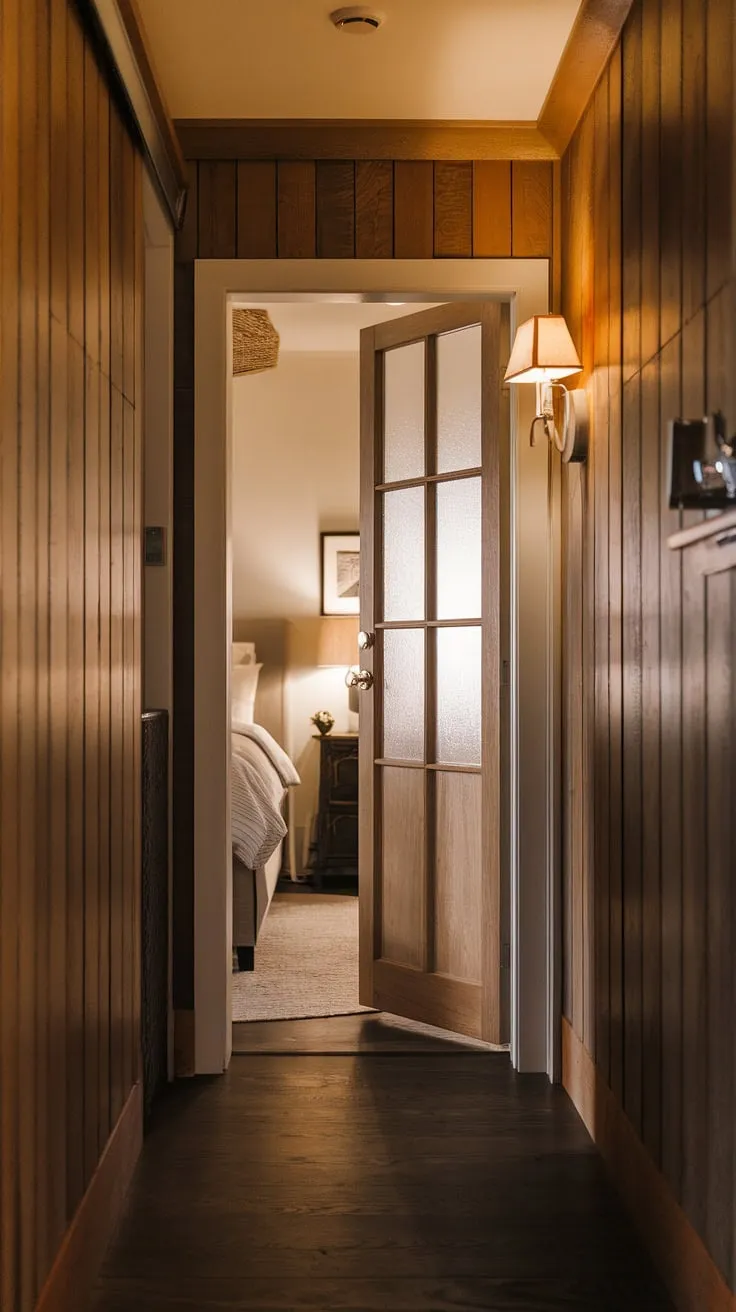 The warm glow of the wall lamp illuminates the rich hallway panelling, guiding you towards the frosted glass door of the inviting bedroom.  This hallway design, with its dark wood floors and elegant wall panels bedroom, creates a truly serene atmosphere.