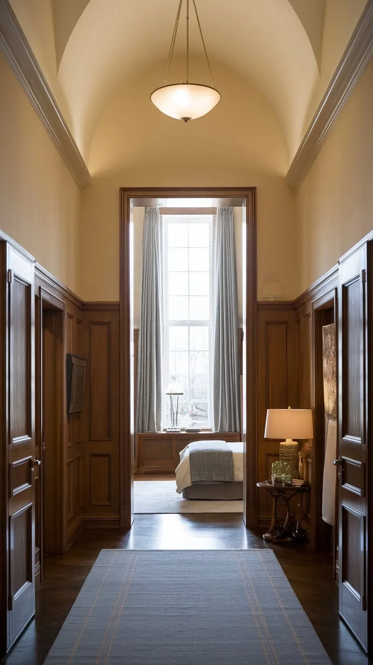 This open concept hallway, with its high ceilings and strategic hallway illumination, feels surprisingly spacious.  The narrow hallway decor, featuring a curated collection of potted plants and minimalist artwork, is a masterclass in hallway decor.  Simple small hallway ideas, like thoughtful lighting and a touch of greenery, create a welcoming atmosphere in this upstairs hallway.