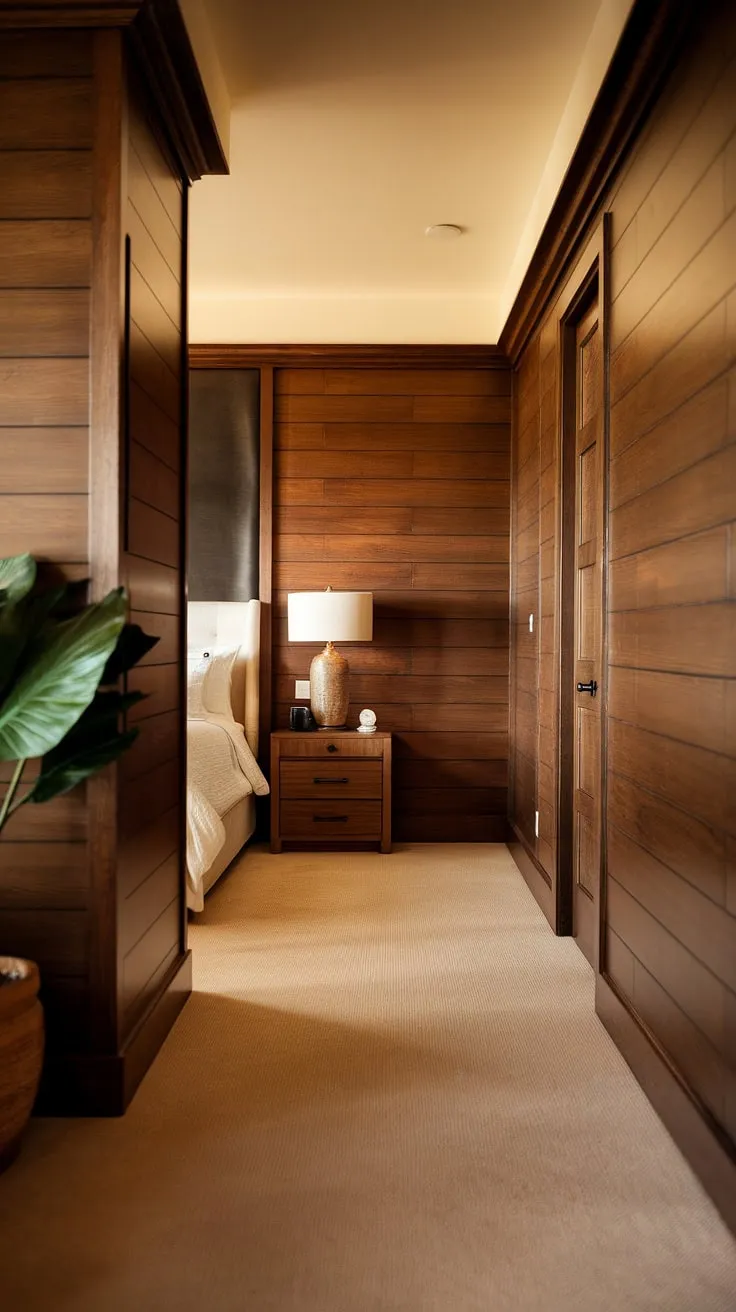 Warm wood tones and soft lighting create a serene transition from the hallway bedroom to the inviting sanctuary beyond.  The hallway panelling, a sophisticated touch in hallway designs, seamlessly extends the rich wall panels bedroom aesthetic, creating a unified and luxurious feel.