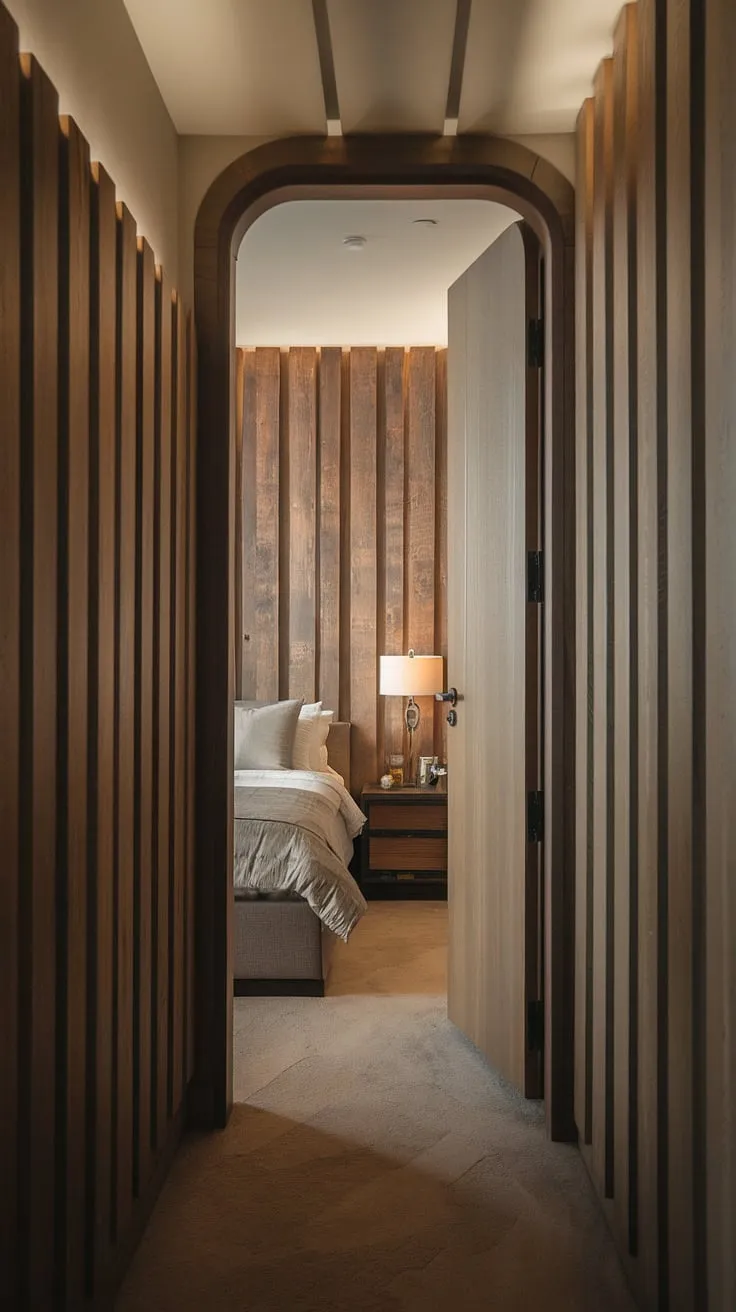 The warm glow spilling from the open bedroom door hints at the cozy haven within.  Intricate hallway panelling leads the eye to the inviting space, showcasing a seamless blend of hallway designs and wall panels bedroom, a testament to thoughtful interior design.  The bedroom panel complements the hallway's rich wood tones, creating a unified and luxurious feel.