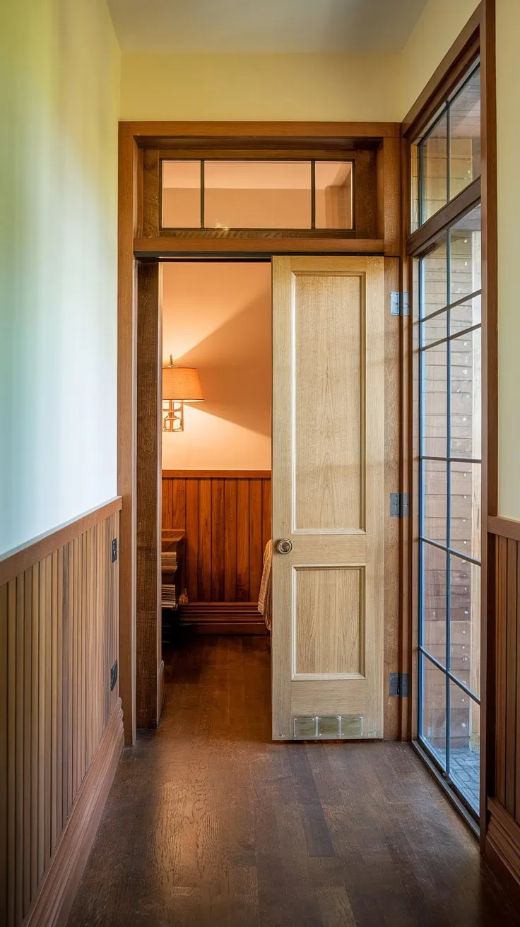 Warm light spills across the dark hardwood floor, illuminating the rich hallway panelling and the subtly textured wall panels of the bedroom beyond.  This hallway designs showcases a seamless transition between spaces, the wooden panel door a quiet invitation to the sanctuary within.