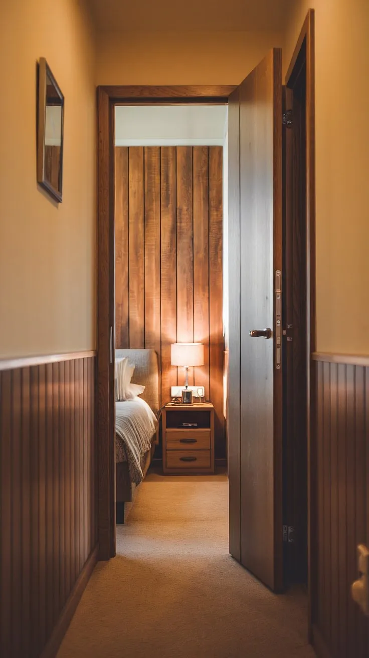 The inviting glow of the bedroom lamp beckons down the hallway.  Notice the exquisite hallway panelling, a design detail that extends into the bedroom itself, with matching wall panels bedroom.  This seamless transition exemplifies the best in hallway designs and bedroom panel choices.