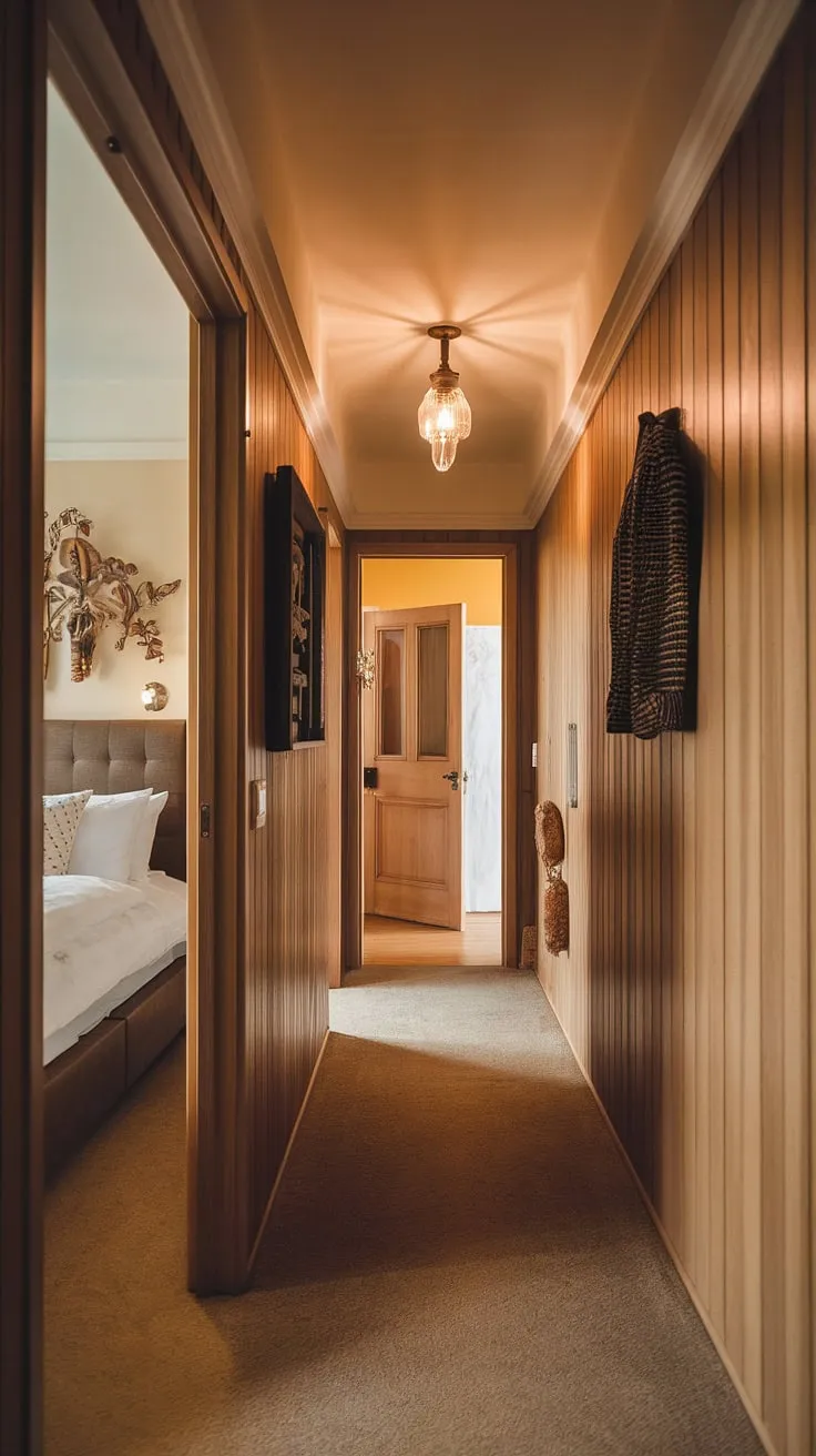 Warm light spills down this inviting hallway, its rich wood panelling hinting at the cozy bedroom beyond.  The hallway designs create a sense of calm, leading to a private retreat where the wall panels bedroom continue the elegant theme.