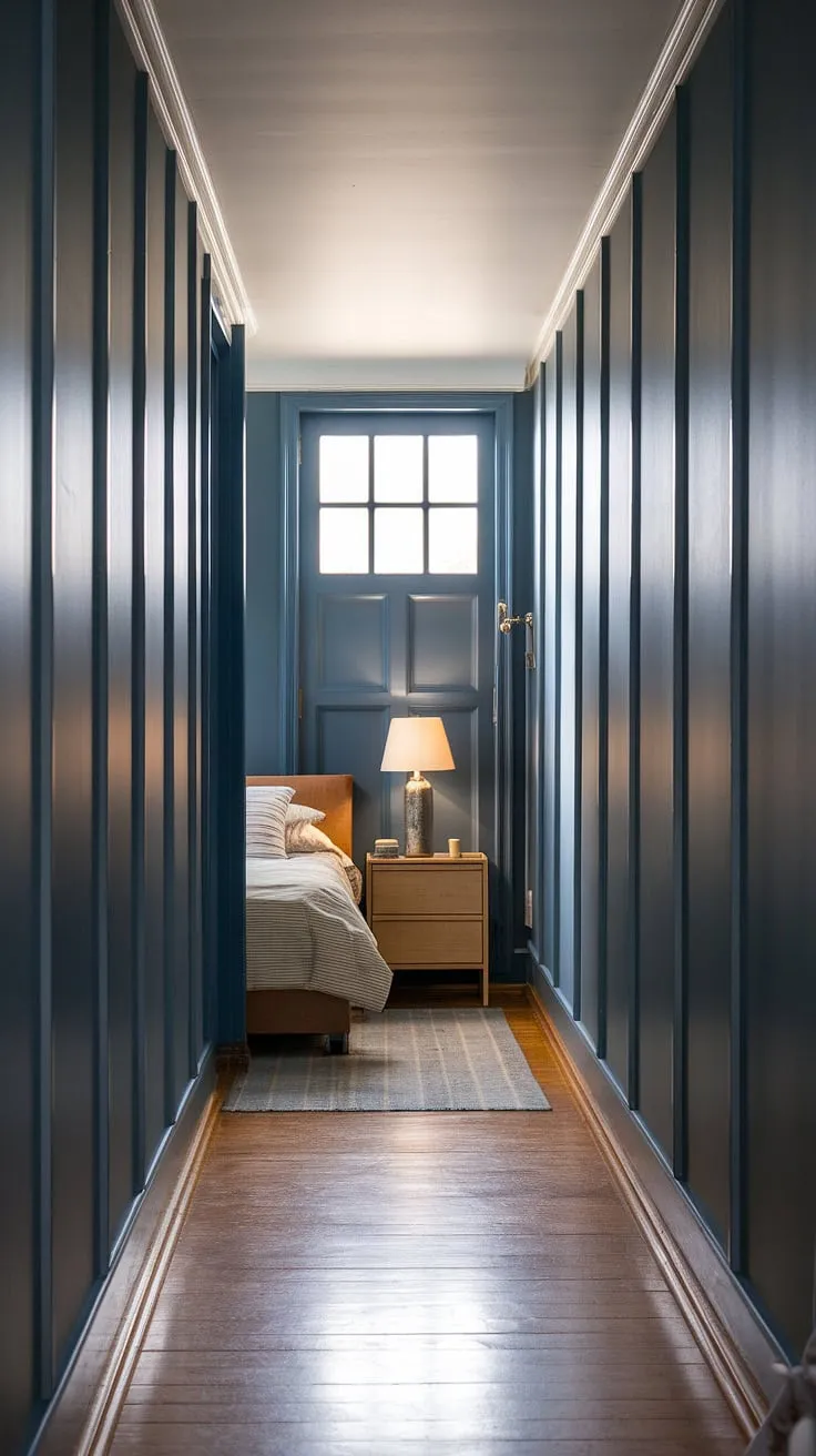Step into serenity: This hallway bedroom, a masterclass in hallway designs, showcases the dramatic effect of hallway panelling.  The rich dark blue wall panels bedroom create an intimate and luxurious atmosphere, perfectly complemented by the warm wooden floor.