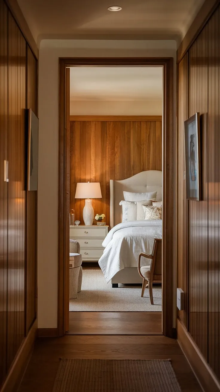 A glimpse into serenity: the hallway, adorned with exquisite hallway panelling, leads to a restful bedroom.  Note the beautiful continuity of the wall panels bedroom and the bedroom panel, showcasing sophisticated hallway designs.  The overall effect is one of understated luxury and calm.