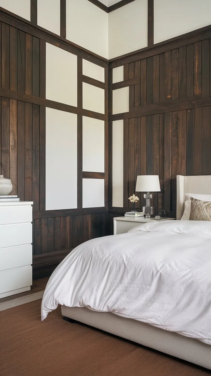This hallway bedroom boasts a striking design feature:  intricate hallway panelling, partially removed to reveal a contrasting white drywall, creating a unique interplay of textures and light. The wall panels bedroom adds depth and character, while the overall hallway designs maintain a sense of calm sophistication.