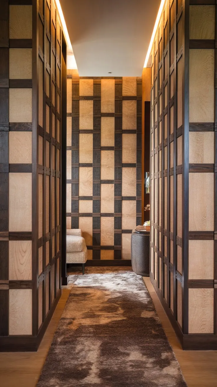 Upstairs, this narrow hallway decor showcases how hallway styling can dramatically impact even the smallest spaces.  The hallway illumination is perfectly balanced, highlighting the hallway decor and creating a bright and airy feel in this long hallway design.  Clever small hallway ideas make this open concept hallway feel spacious and inviting.