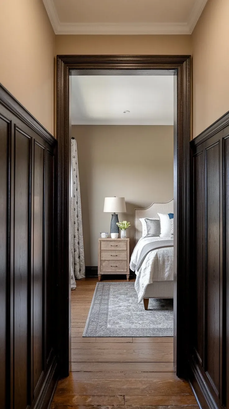 Step into a world of refined elegance.  This hallway bedroom showcases stunning hallway panelling, a design detail that continues subtly into the bedroom panel above the bed, creating a cohesive and luxurious feel.