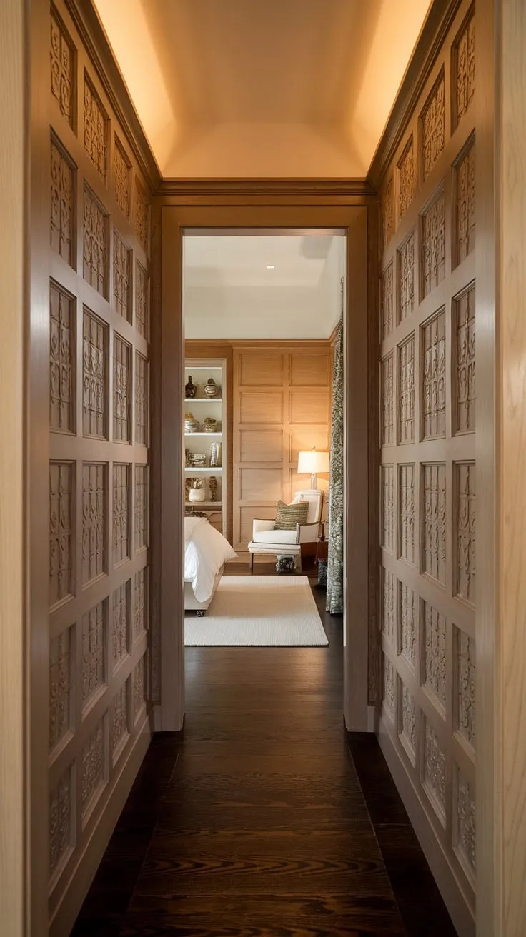 Warm light spills from the bedroom, beckoning you down the elegant hallway.  Intricate hallway panelling, a stunning example of hallway designs, leads to a serene space where a white bed rests on a beige rug, perfectly complementing the wall panels bedroom aesthetic. The bedroom paneling continues the sophisticated design, creating a cohesive and inviting atmosphere.