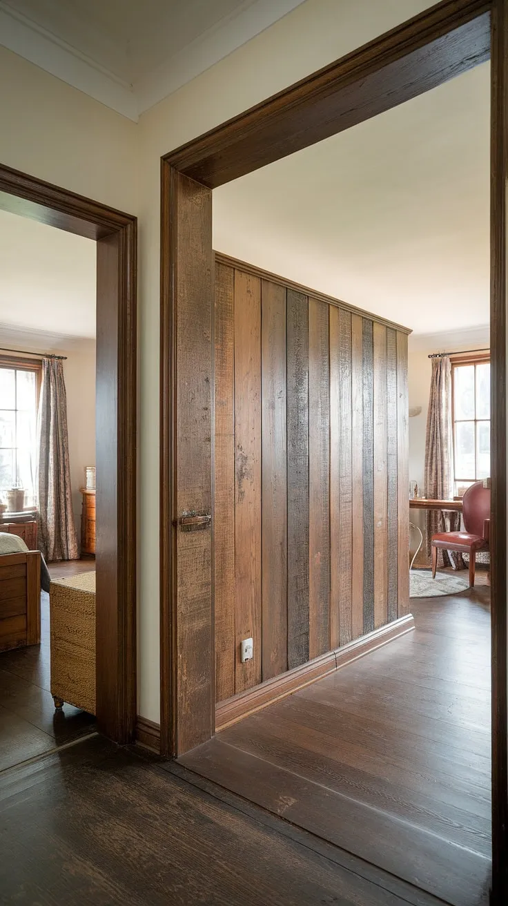 This long hallway design, with its unique door styles and warm hallway illumination, proves that even a narrow hallway decor can be both stylish and inviting.  The open concept hallway leads to a cozy living space, showcasing clever hallway lighting ideas and small hallway ideas for maximizing space and charm.  Hallway styling at its finest, upstairs and down.