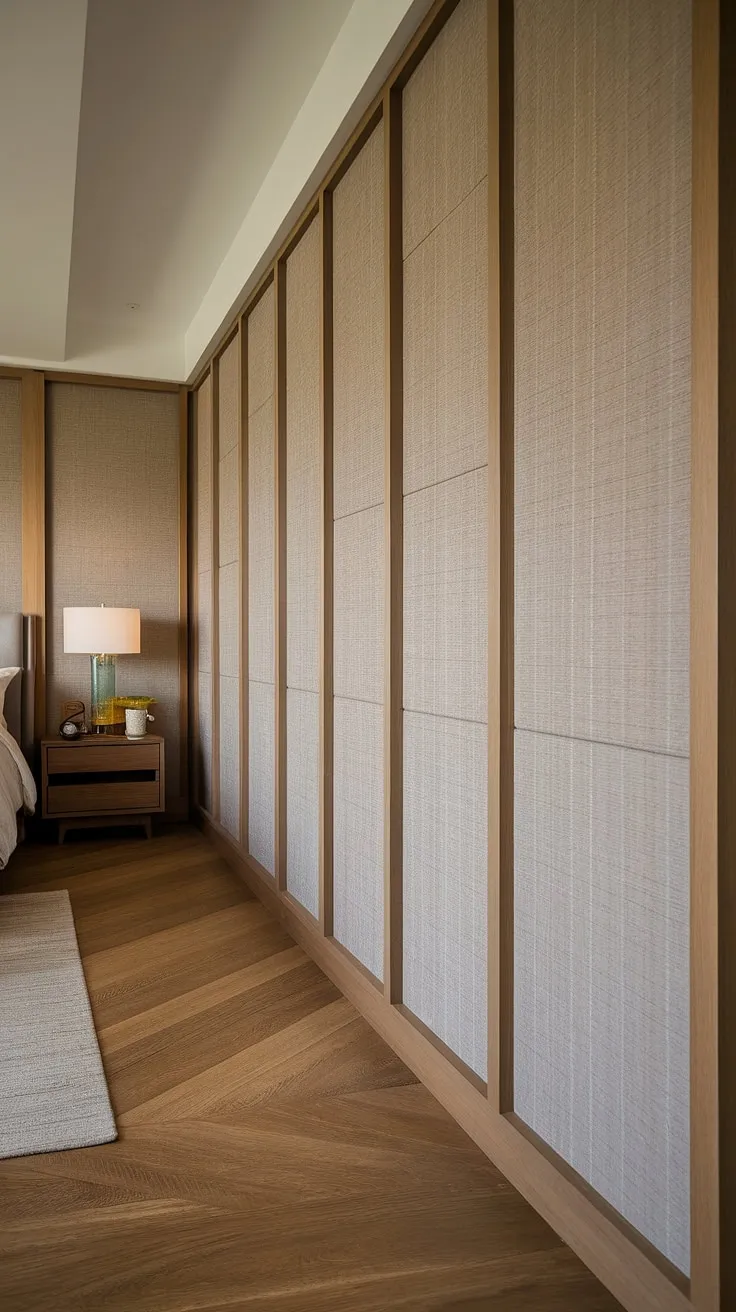 Soft light spills onto the rich wood of the hallway bedroom, the hallway panelling creating a warm and inviting passageway.  The wall panels bedroom design adds texture and depth, showcasing exquisite hallway designs.
