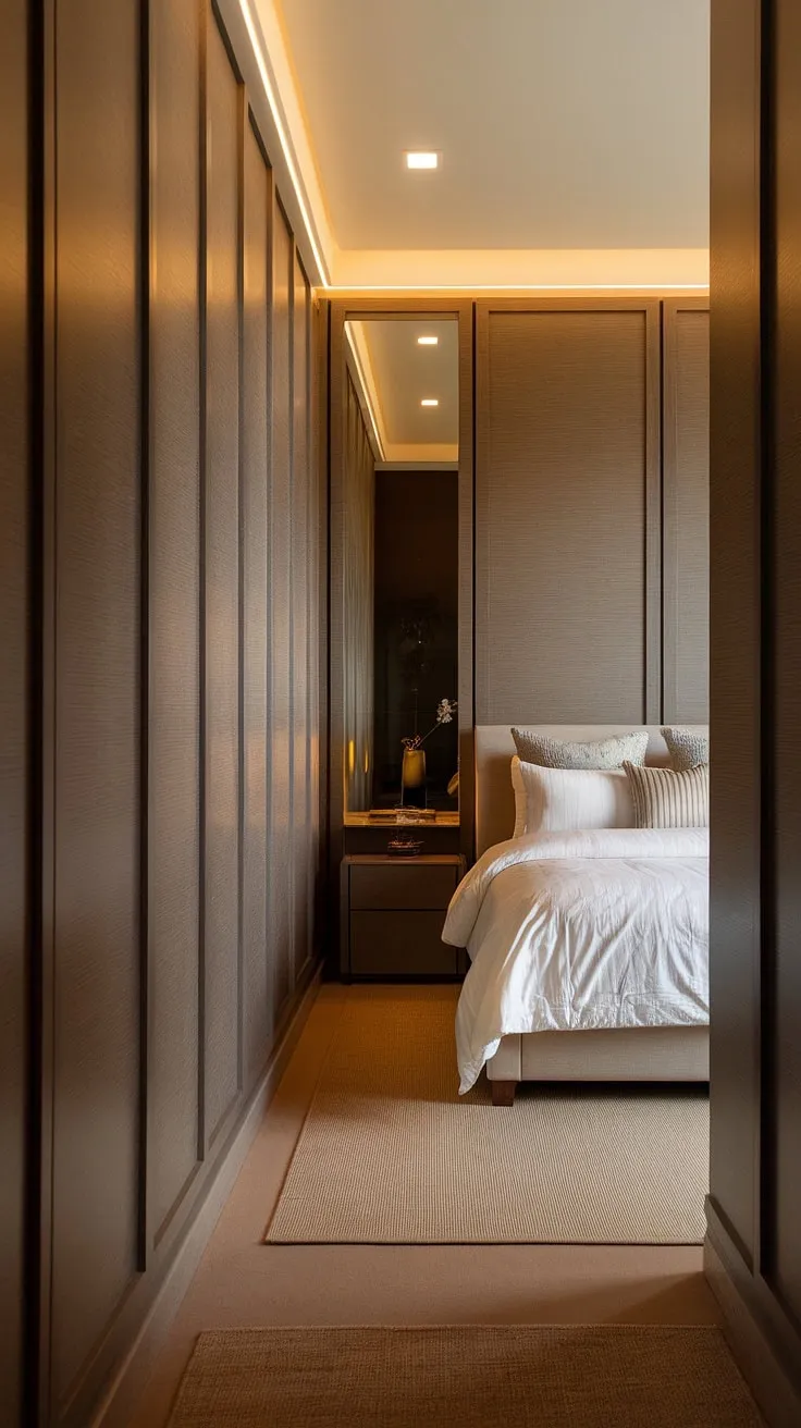 Step into serenity.  The rich hallway panelling sets the stage for this inviting bedroom, a perfect blend of classic hallway designs and modern comfort.  Note the elegant wall panels in the bedroom, complementing the dark wood of the hallway.