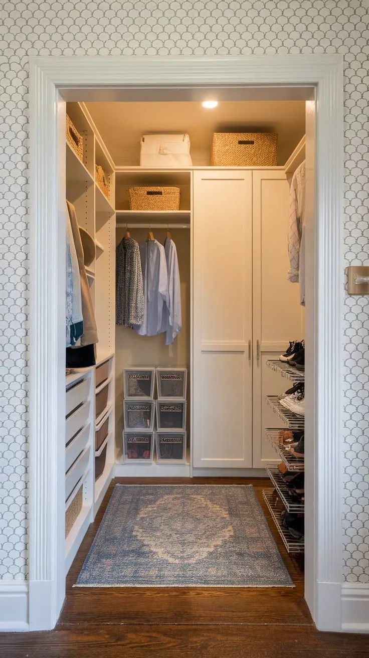 Transform your hallway with a renovated closet featuring a walk-in area, closed cabinets, and clever storage solutions for shoes and baskets.