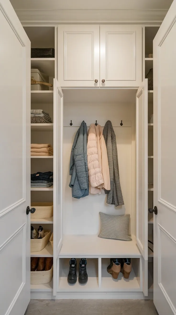 Transform your hallway closet into a functional mudroom with open shelving, closed cabinets, and a bench for ultimate entryway organization