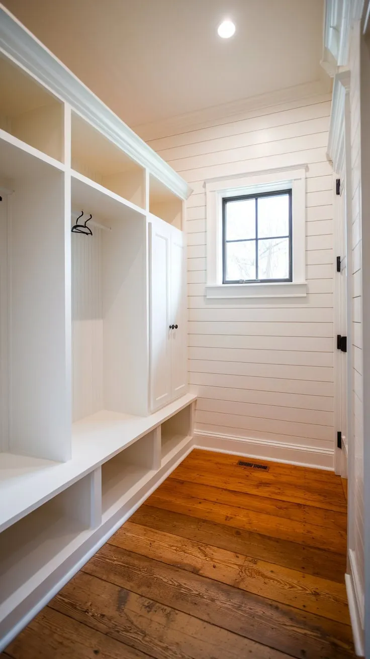 A rustic-charm renovated hallway closet boasts a walk-in mudroom design with open shelving, closed cabinets, and a small window, all within a bright white space.