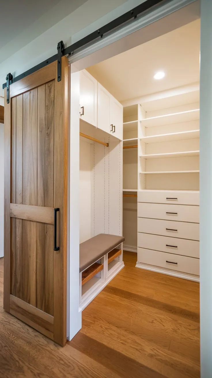 A bright, renovated hallway walk-in closet boasts ample wooden shelving, cabinets, a bench, and wood flooring for ultimate storage.