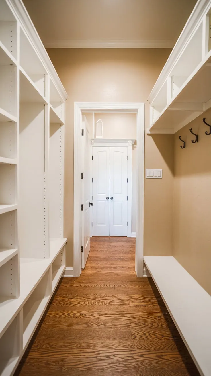 Transform your hallway with a renovated closet featuring a built-in mudroom, stylish open shelving, and convenient closed storage.