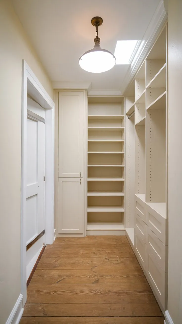 A renovated hallway closet features a spacious walk-in area, ample shelving, warm wood floors, and a bright new coat of paint.