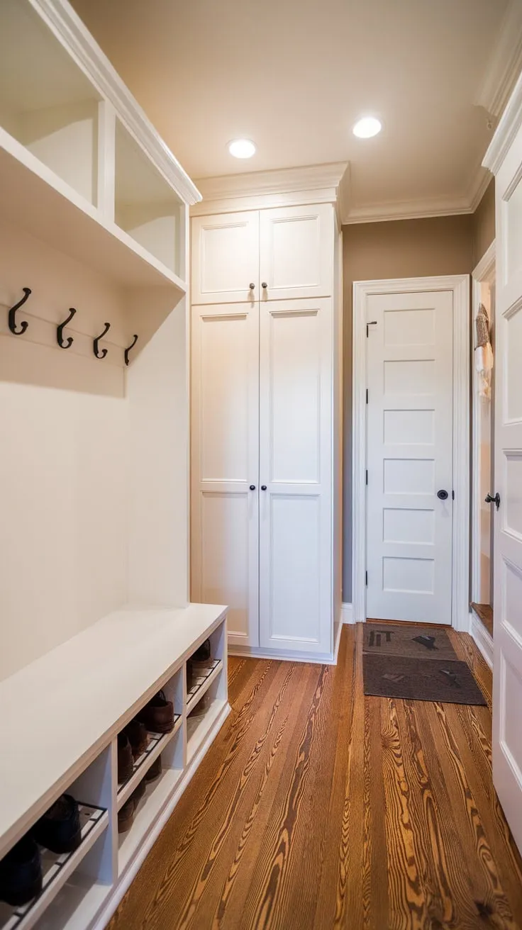 Transform a cramped hallway closet into a spacious walk-in mudroom with hardwood floors, ample storage, and convenient features like a bench and shoe rack