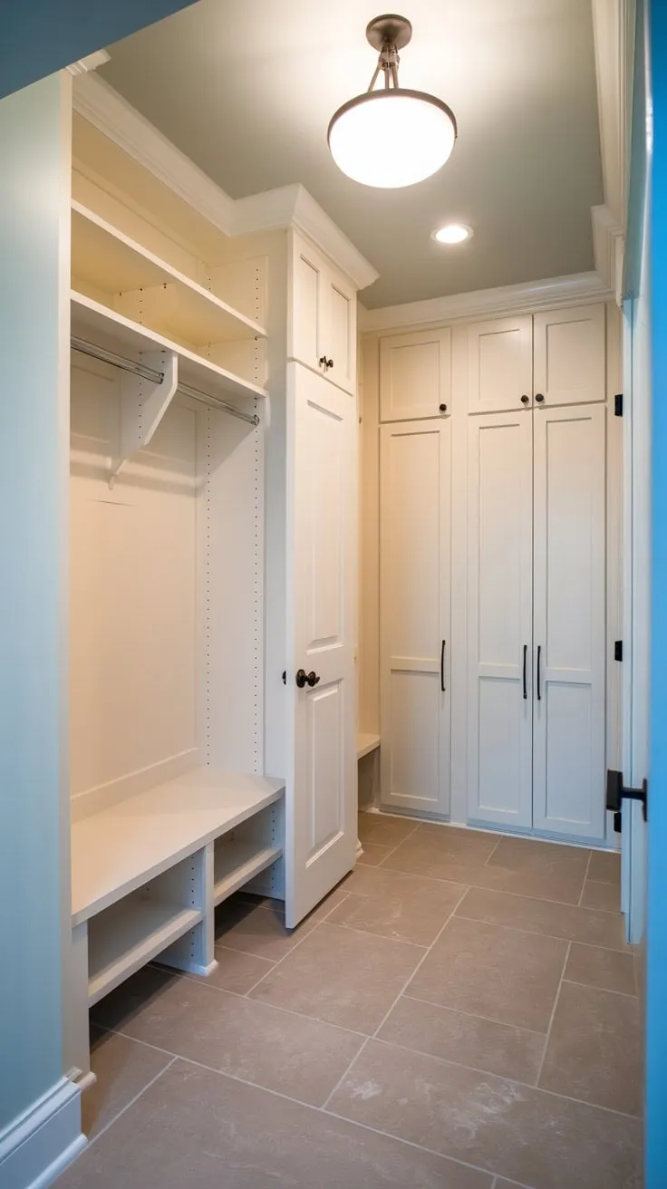 A renovated hallway closet boasts a spacious walk-in section and a charming mudroom complete with bench seating and ample storage.